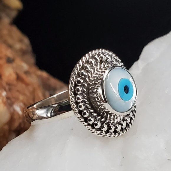 Sterling Silver 925 Ring Evil Eye Protective Designer Mother Of Pearl - Picture 3 of 7
